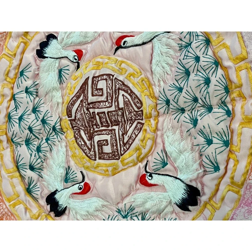 Vintage Asian Satin Wedding Quilt Pink Crane Embroidery Bedspread 80x80 Handmade